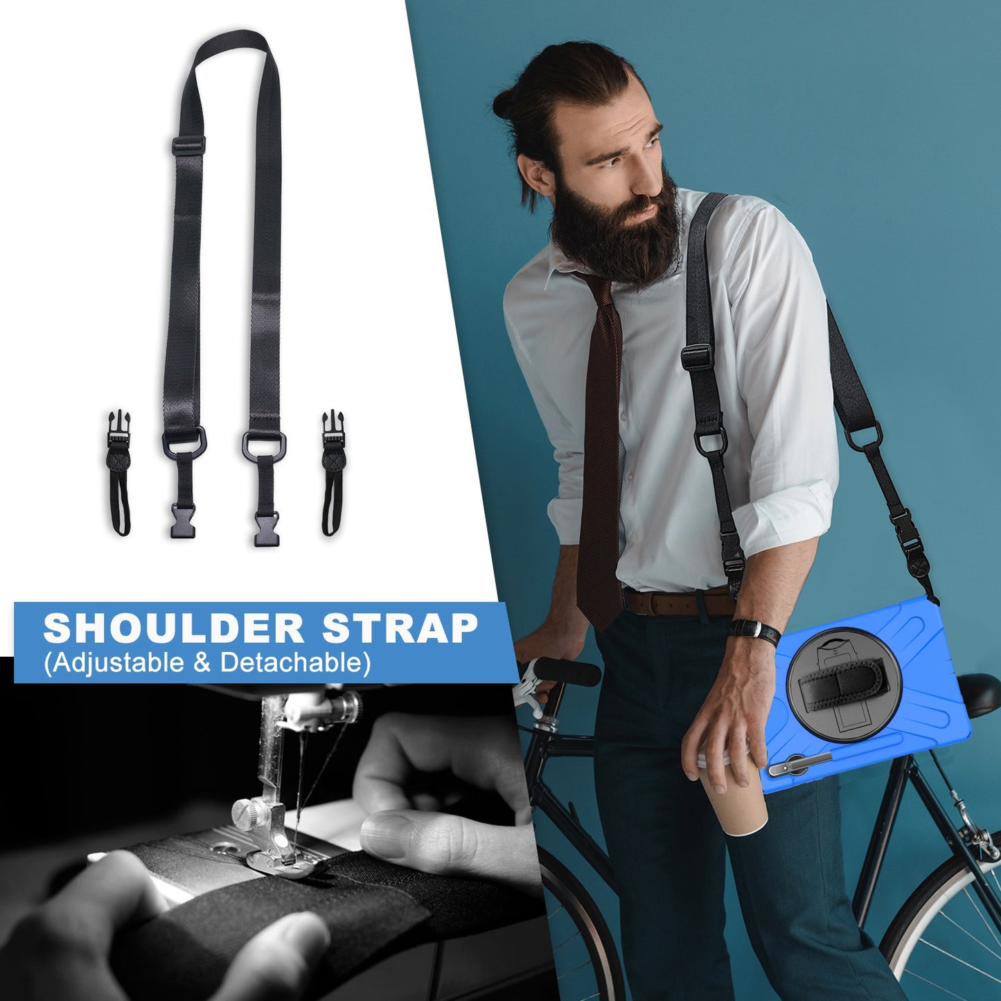 For Samsung Galaxy Tab S7+ / S8+ T970 / X800 / S7 FE T730 / S9+ X810 / S9 FE+ X610 Kickstand PC + Silicone Tablet Case with Shoulder Strap - Blue