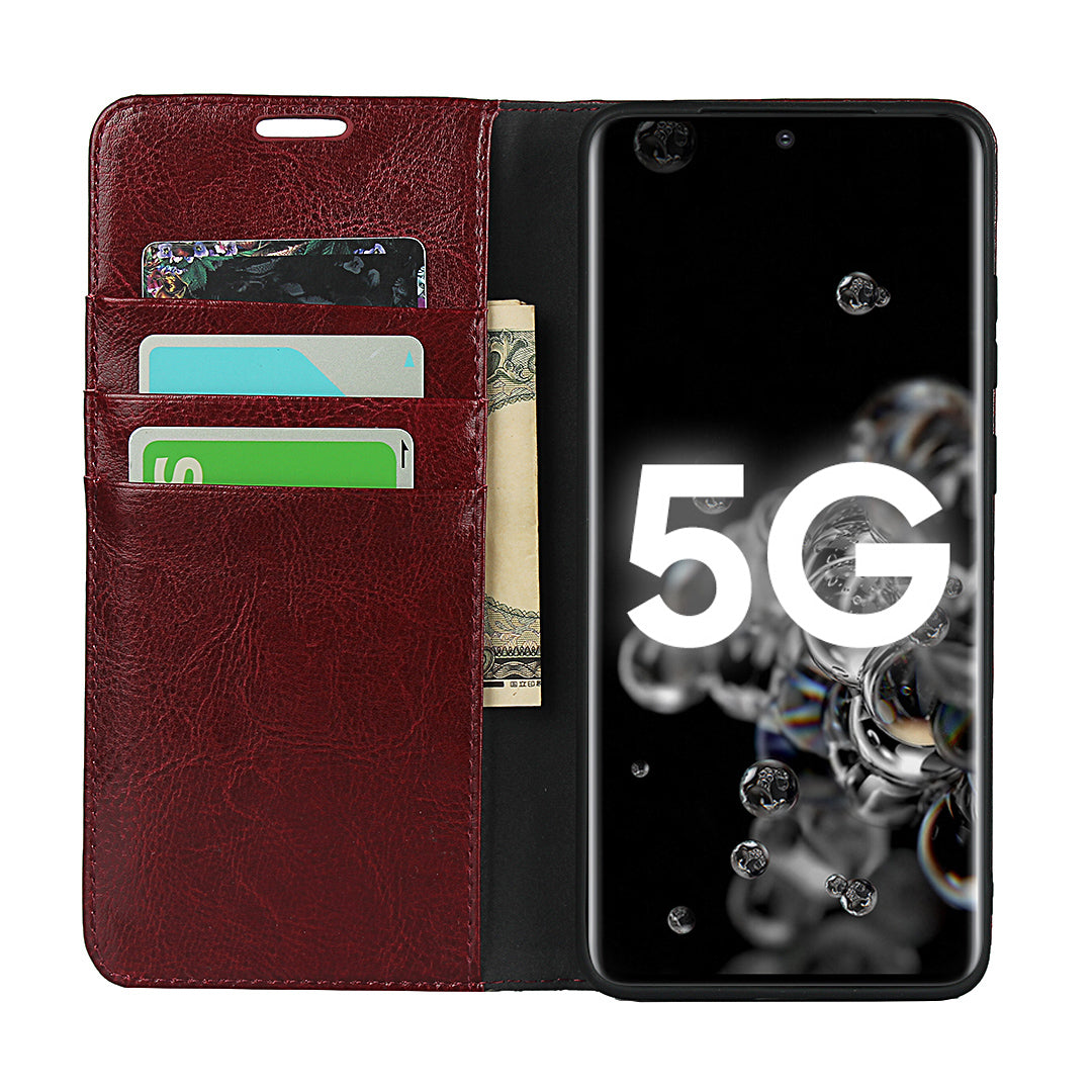 Crazy Horse Genuine Leather Wallet Case for Samsung Galaxy S20 Ultra - Red