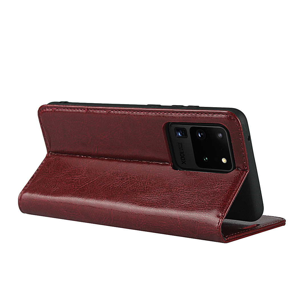 Crazy Horse Genuine Leather Wallet Case for Samsung Galaxy S20 Ultra - Red