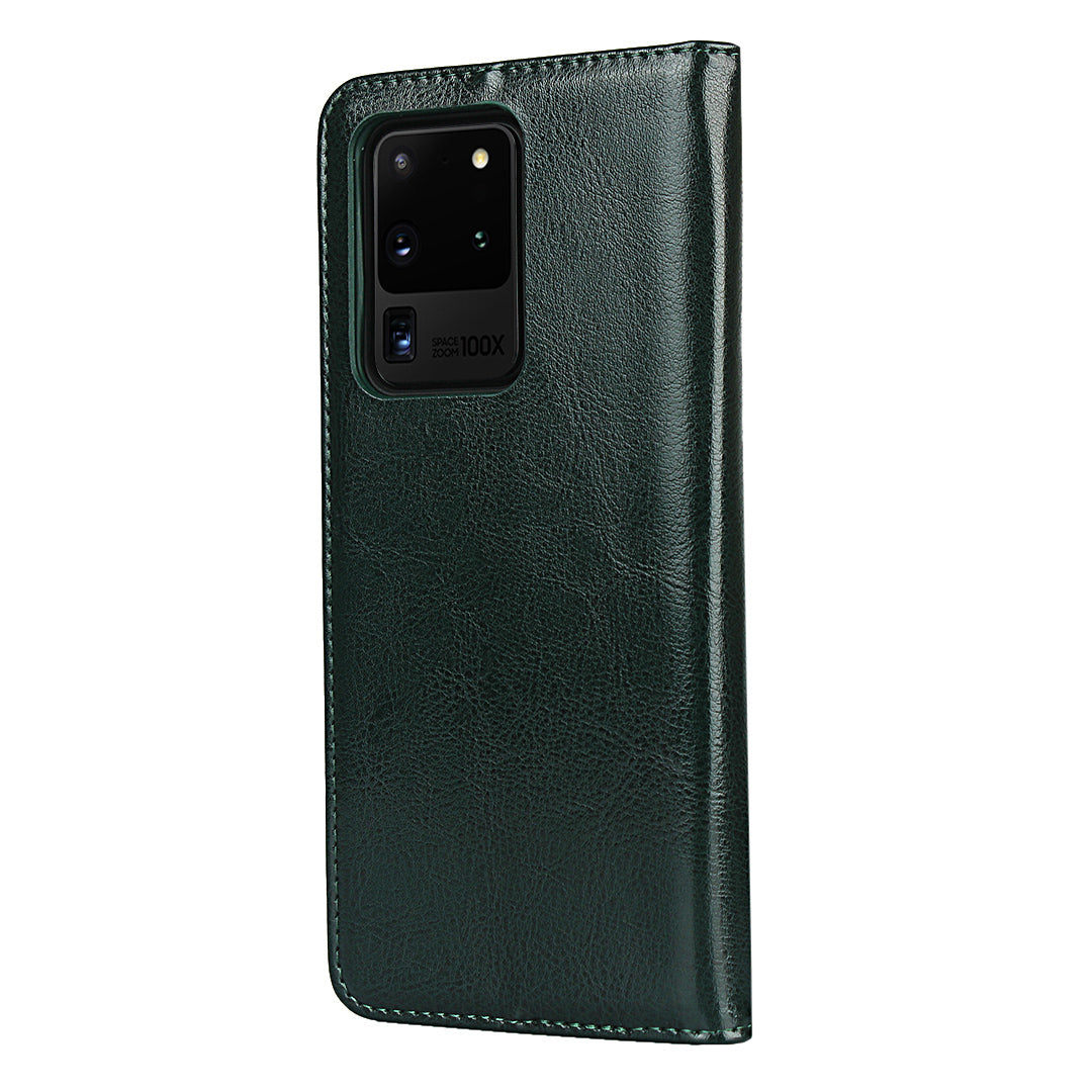 Crazy Horse Genuine Leather Wallet Case for Samsung Galaxy S20 Ultra - Blackish Green