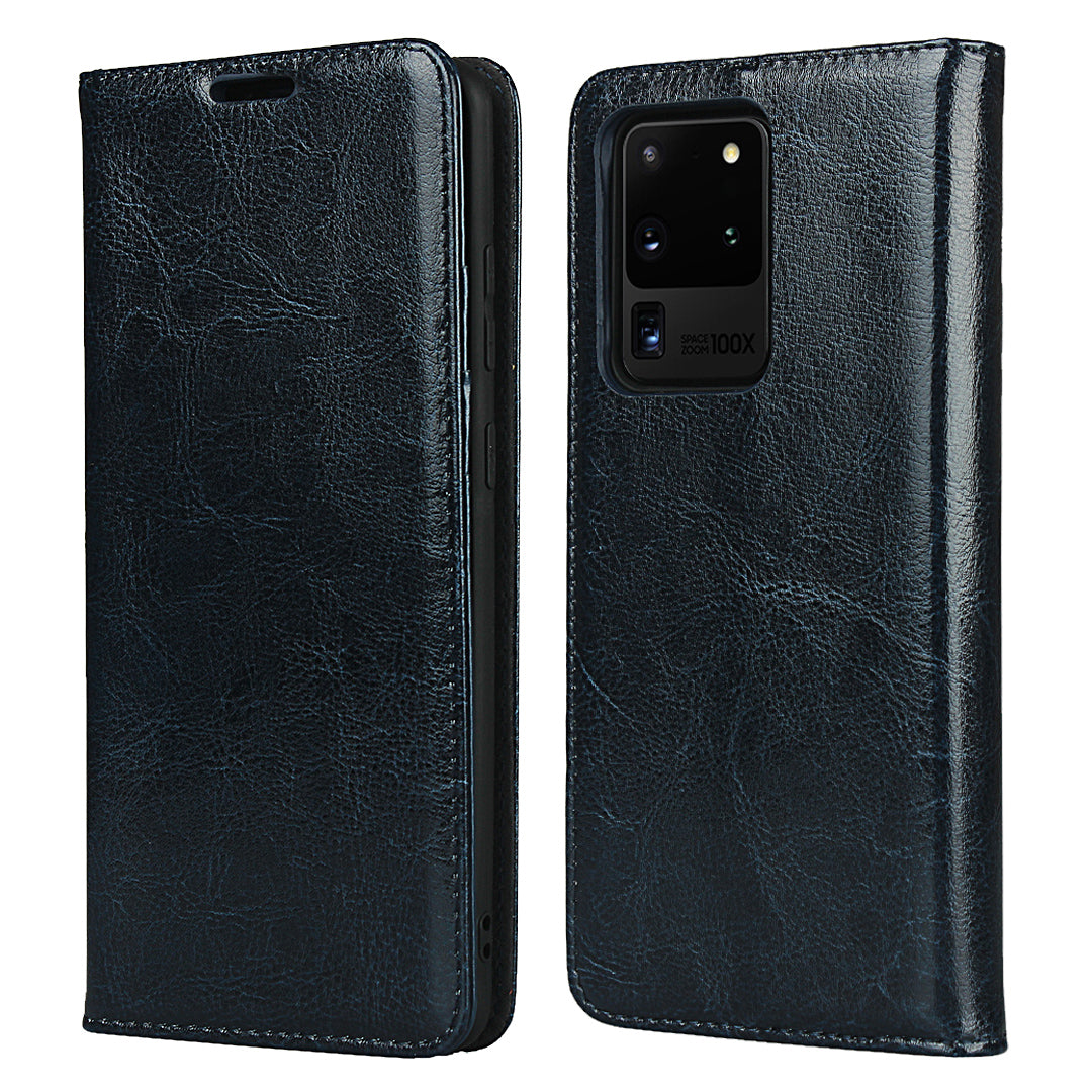 Crazy Horse Genuine Leather Wallet Case for Samsung Galaxy S20 Ultra - Blue