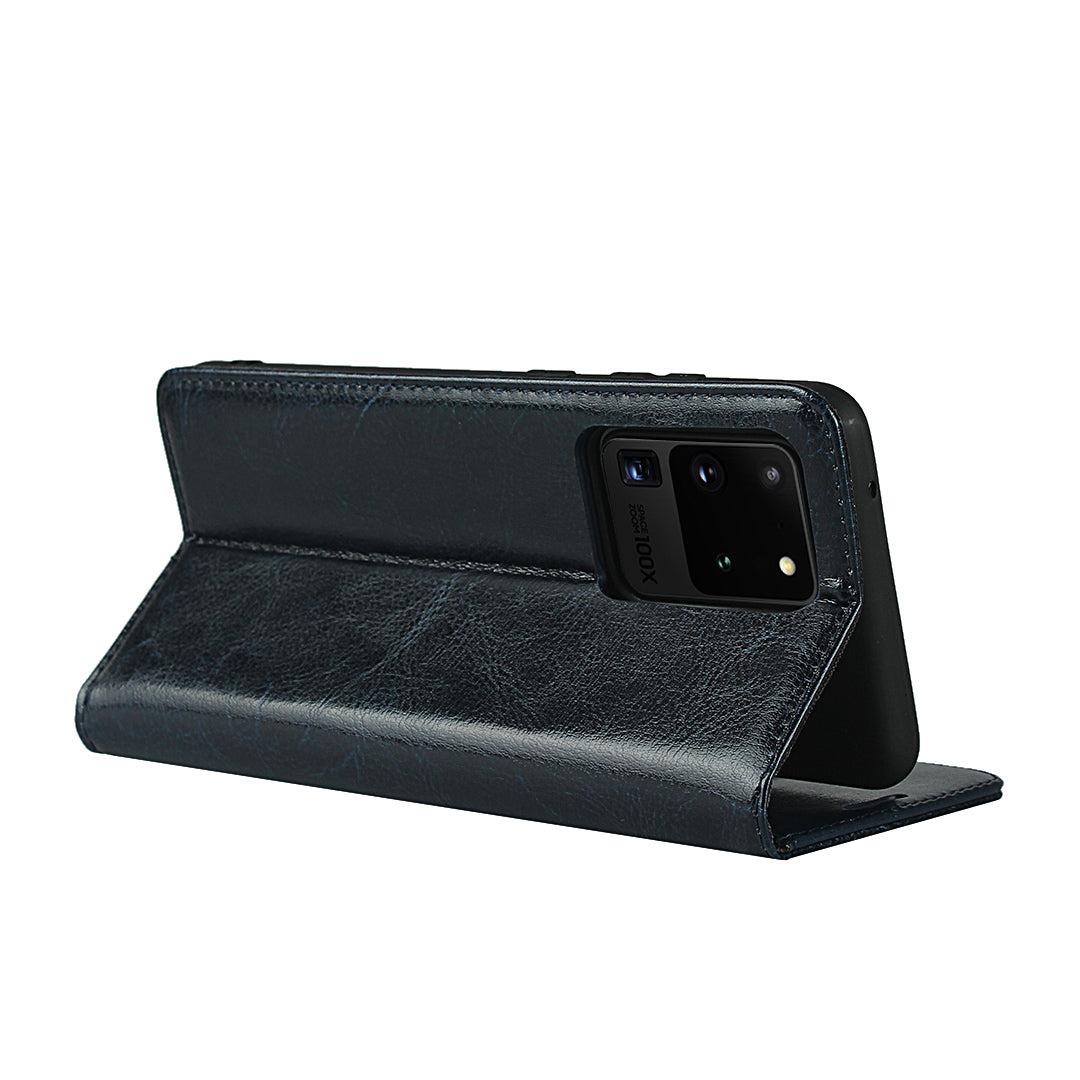 Crazy Horse Genuine Leather Wallet Case for Samsung Galaxy S20 Ultra - Blue