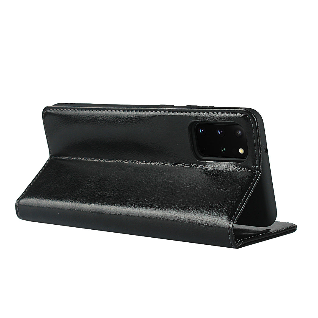Crazy Horse Genuine Leather Wallet Shell Case for Samsung Galaxy S20 Plus/S20 Plus 5G - Black