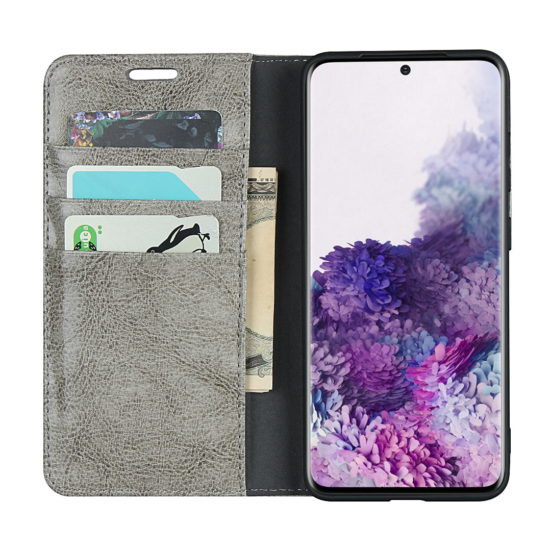 Crazy Horse Genuine Leather Wallet Shell Case for Samsung Galaxy S20 Plus/S20 Plus 5G - Grey