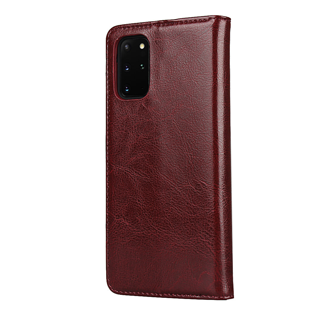 Crazy Horse Genuine Leather Wallet Shell Case for Samsung Galaxy S20 Plus/S20 Plus 5G - Red