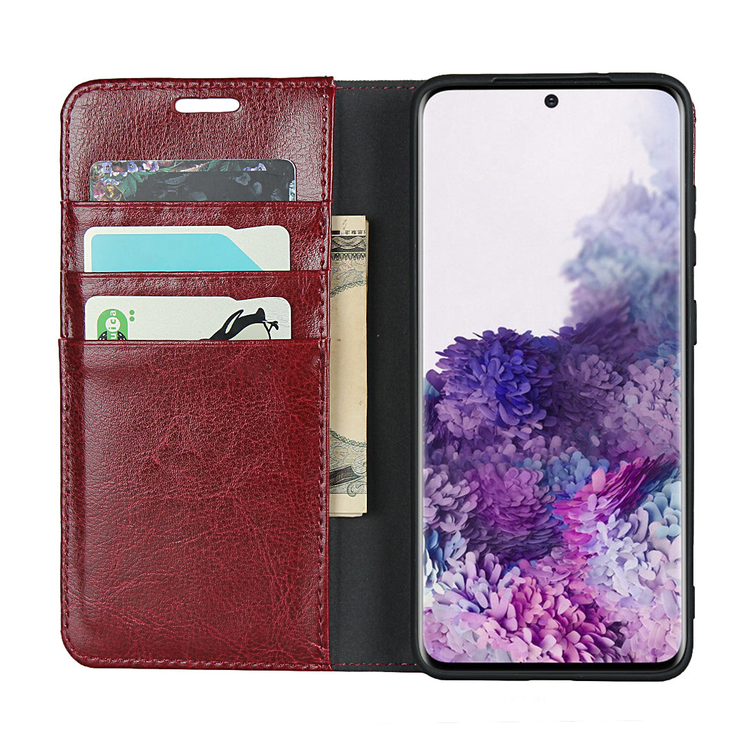 Crazy Horse Genuine Leather Wallet Shell Case for Samsung Galaxy S20 Plus/S20 Plus 5G - Red
