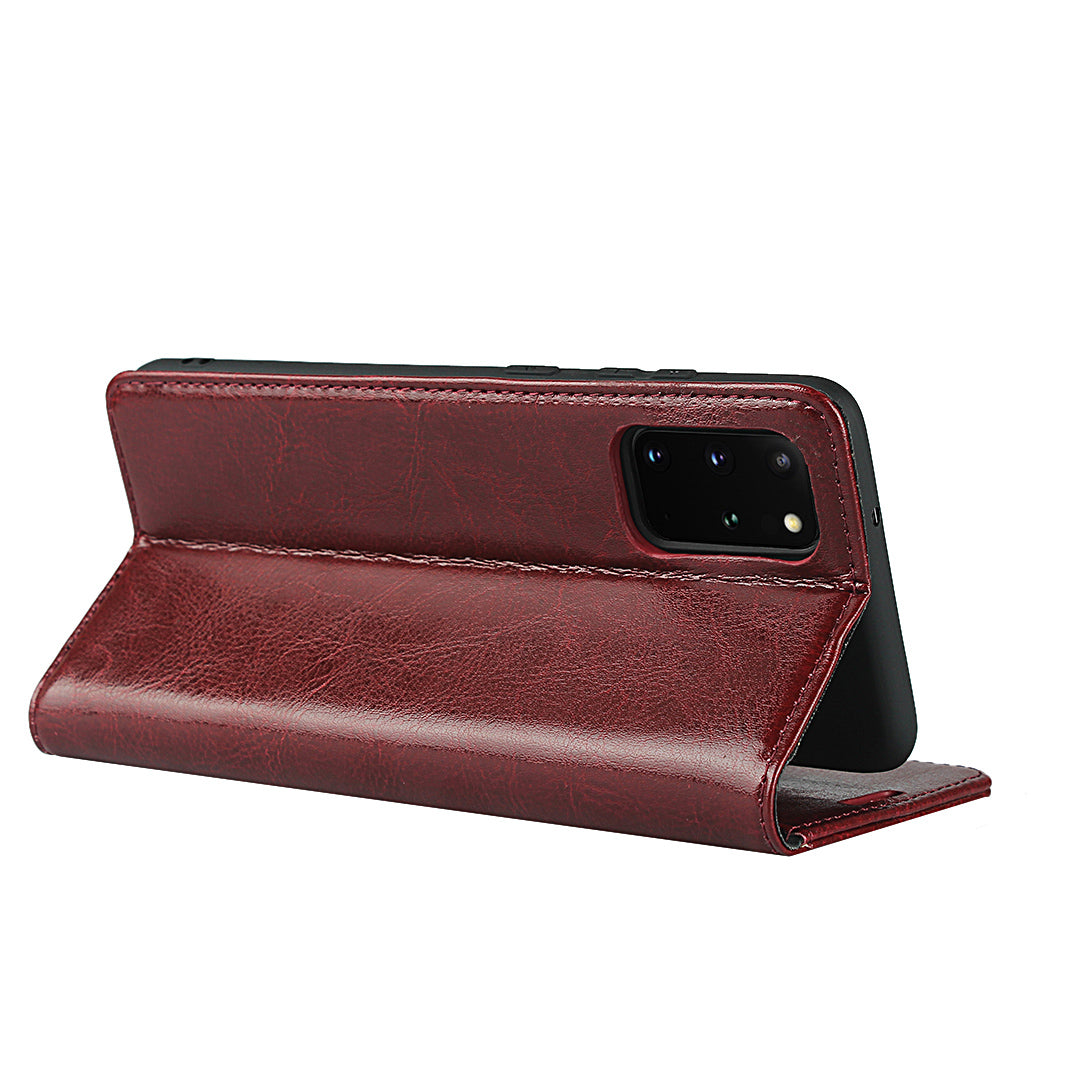 Crazy Horse Genuine Leather Wallet Shell Case for Samsung Galaxy S20 Plus/S20 Plus 5G - Red