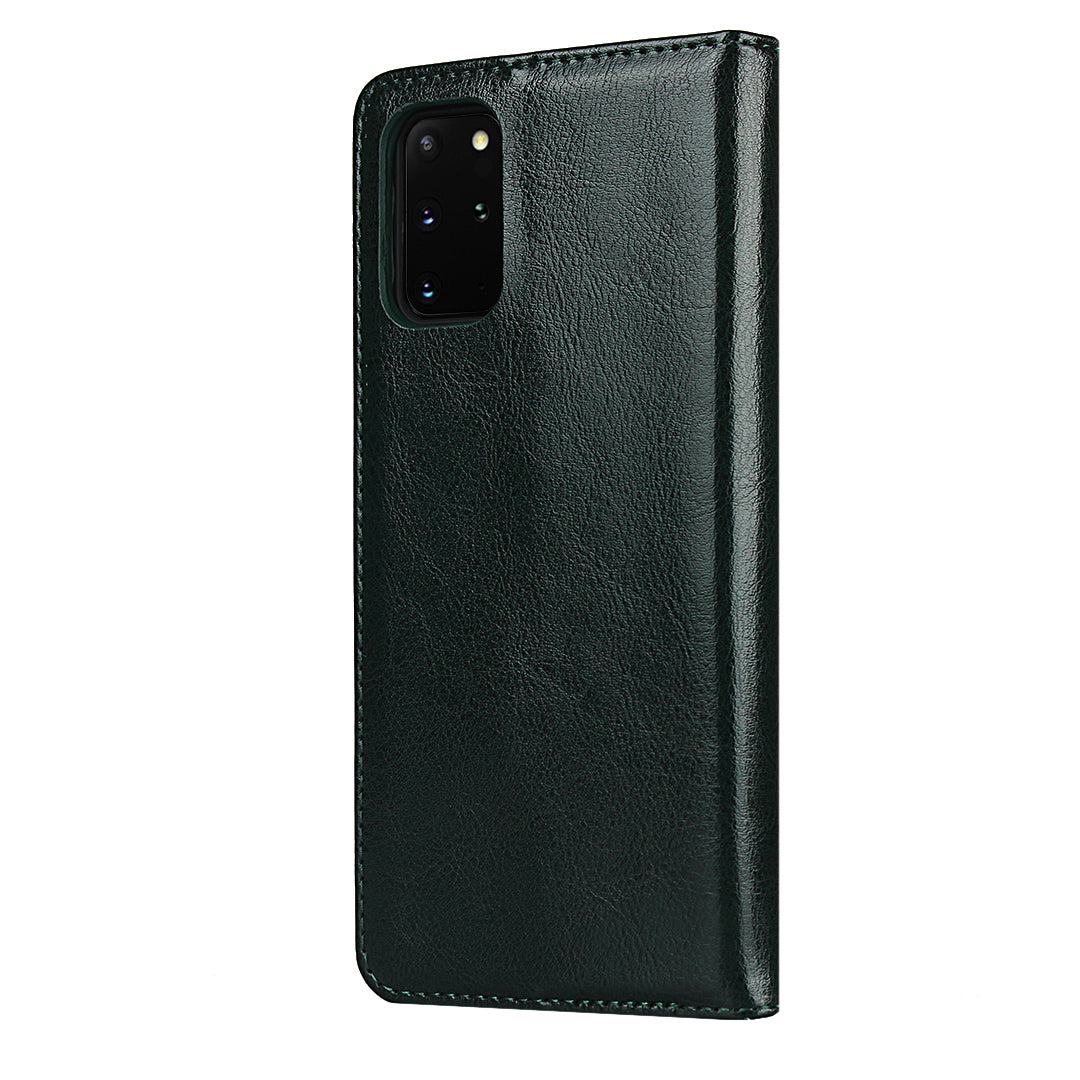 Crazy Horse Genuine Leather Wallet Shell Case for Samsung Galaxy S20 Plus/S20 Plus 5G - Blackish Green