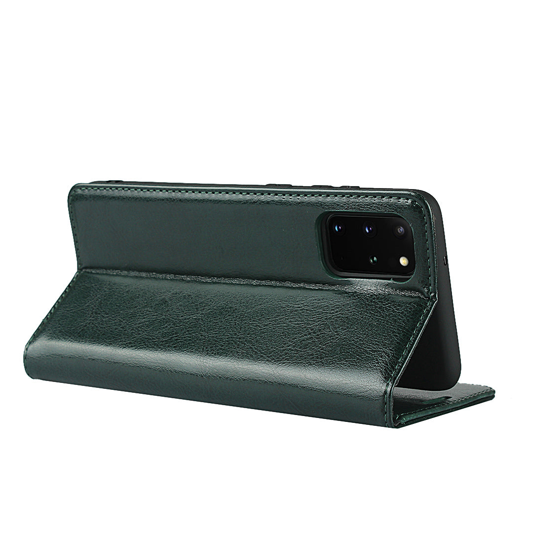 Crazy Horse Genuine Leather Wallet Shell Case for Samsung Galaxy S20 Plus/S20 Plus 5G - Blackish Green