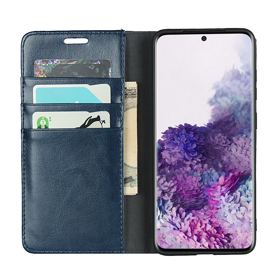 Crazy Horse Genuine Leather Wallet Shell Case for Samsung Galaxy S20 Plus/S20 Plus 5G - Blue