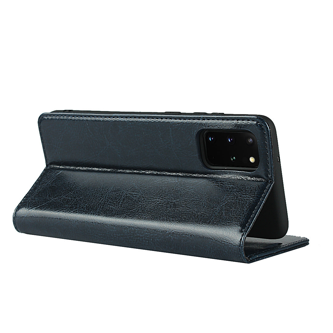 Crazy Horse Genuine Leather Wallet Shell Case for Samsung Galaxy S20 Plus/S20 Plus 5G - Blue