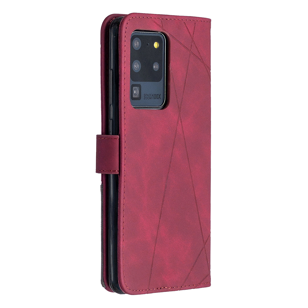 BF05 Leather Case Geometric Texture Wallet Stand Phone Shell for Samsung Galaxy S20 Ultra - Wine Red