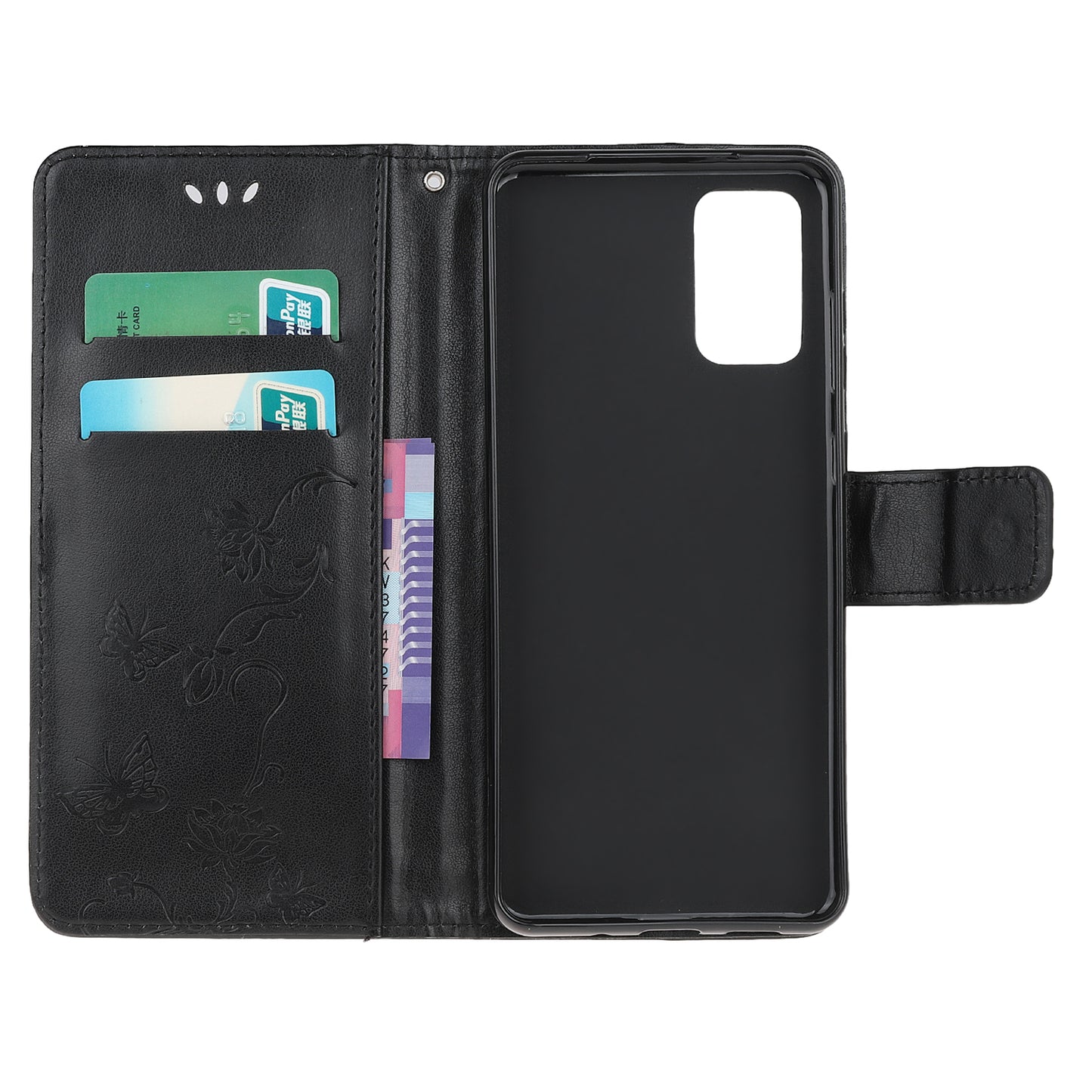 Imprint Butterfly Flowers Leather Shell Wallet Phone Case for Samsung Galaxy S20 Lite/S20 Fan Edition - Black
