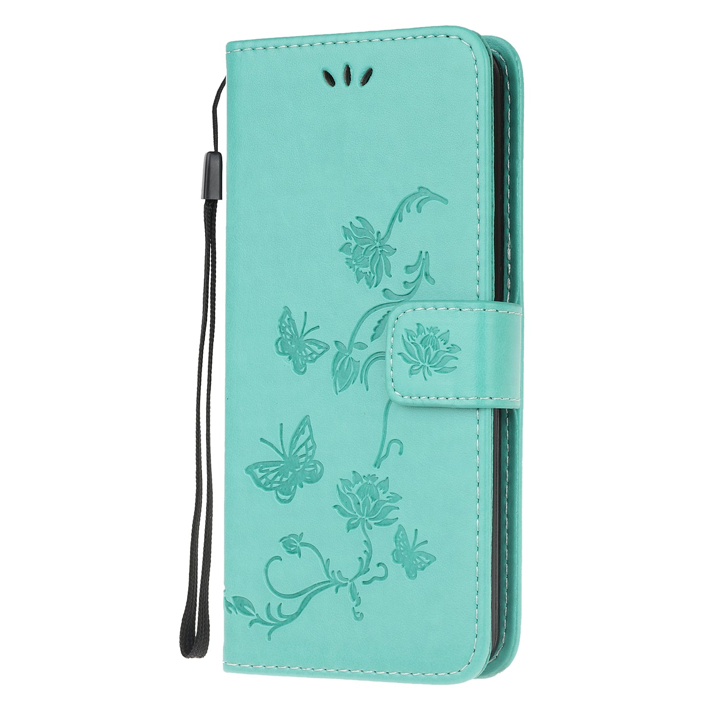 Imprint Butterfly Flowers Leather Shell Wallet Phone Case for Samsung Galaxy S20 Lite/S20 Fan Edition - Cyan