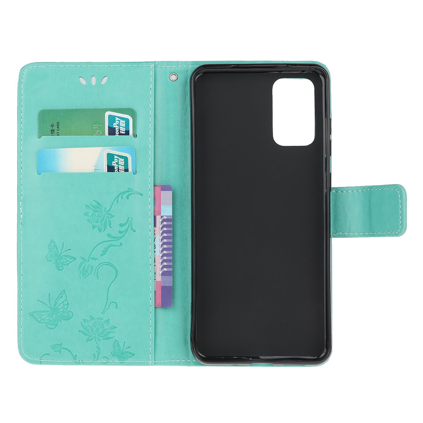 Imprint Butterfly Flowers Leather Shell Wallet Phone Case for Samsung Galaxy S20 Lite/S20 Fan Edition - Cyan