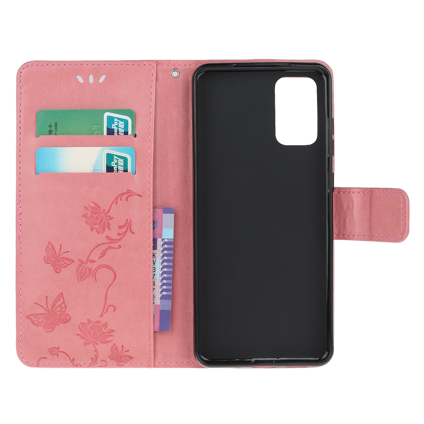 Imprint Butterfly Flowers Leather Shell Wallet Phone Case for Samsung Galaxy S20 Lite/S20 Fan Edition - Pink