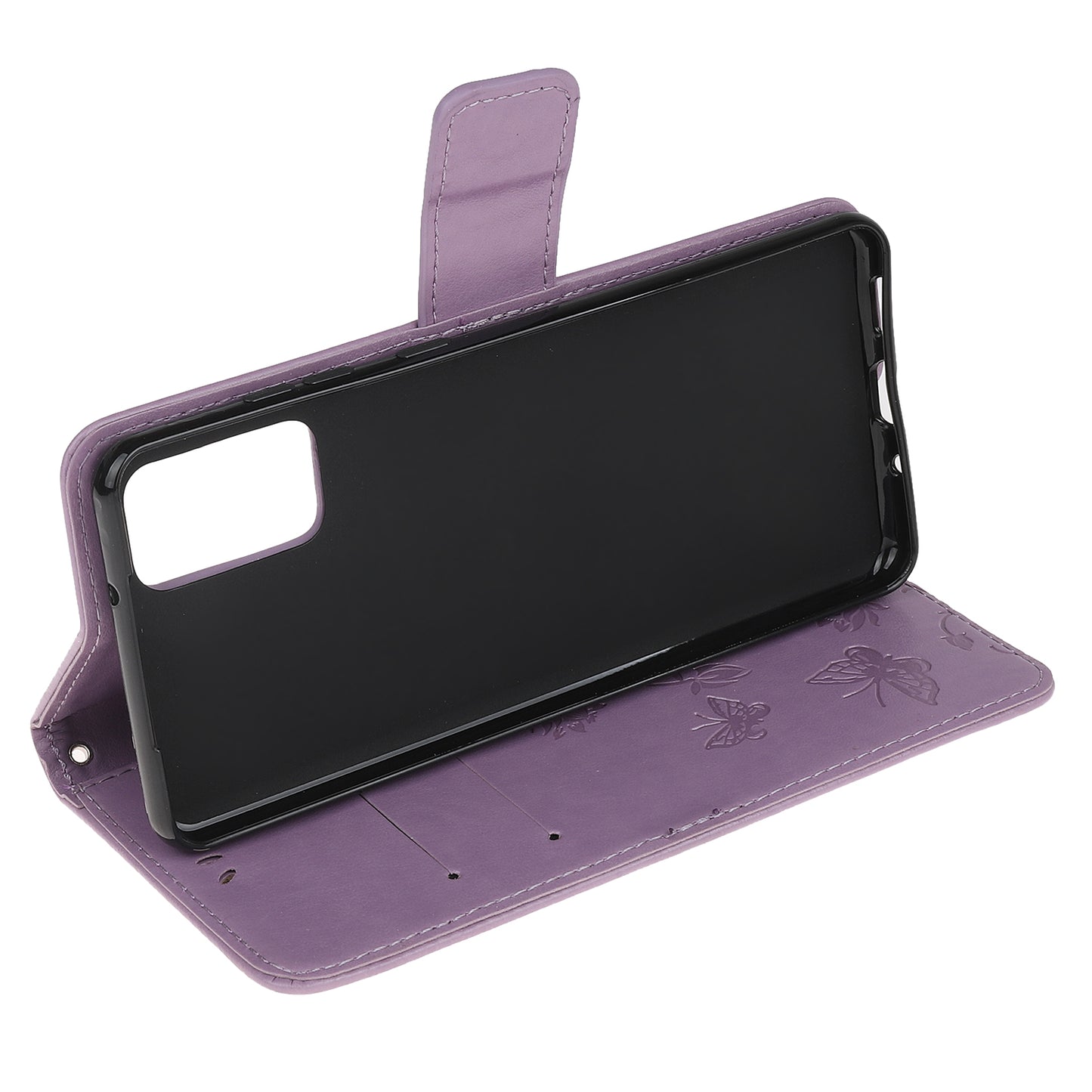 Imprint Butterfly Flowers Leather Shell Wallet Phone Case for Samsung Galaxy S20 Lite/S20 Fan Edition - Light Purple