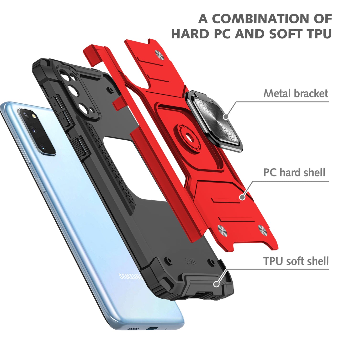 Detachable 2-in-1 Armor Style Kickstand TPU + PC Shell with Metal Sheet for Samsung Galaxy S20 4G/S20 5G - Red