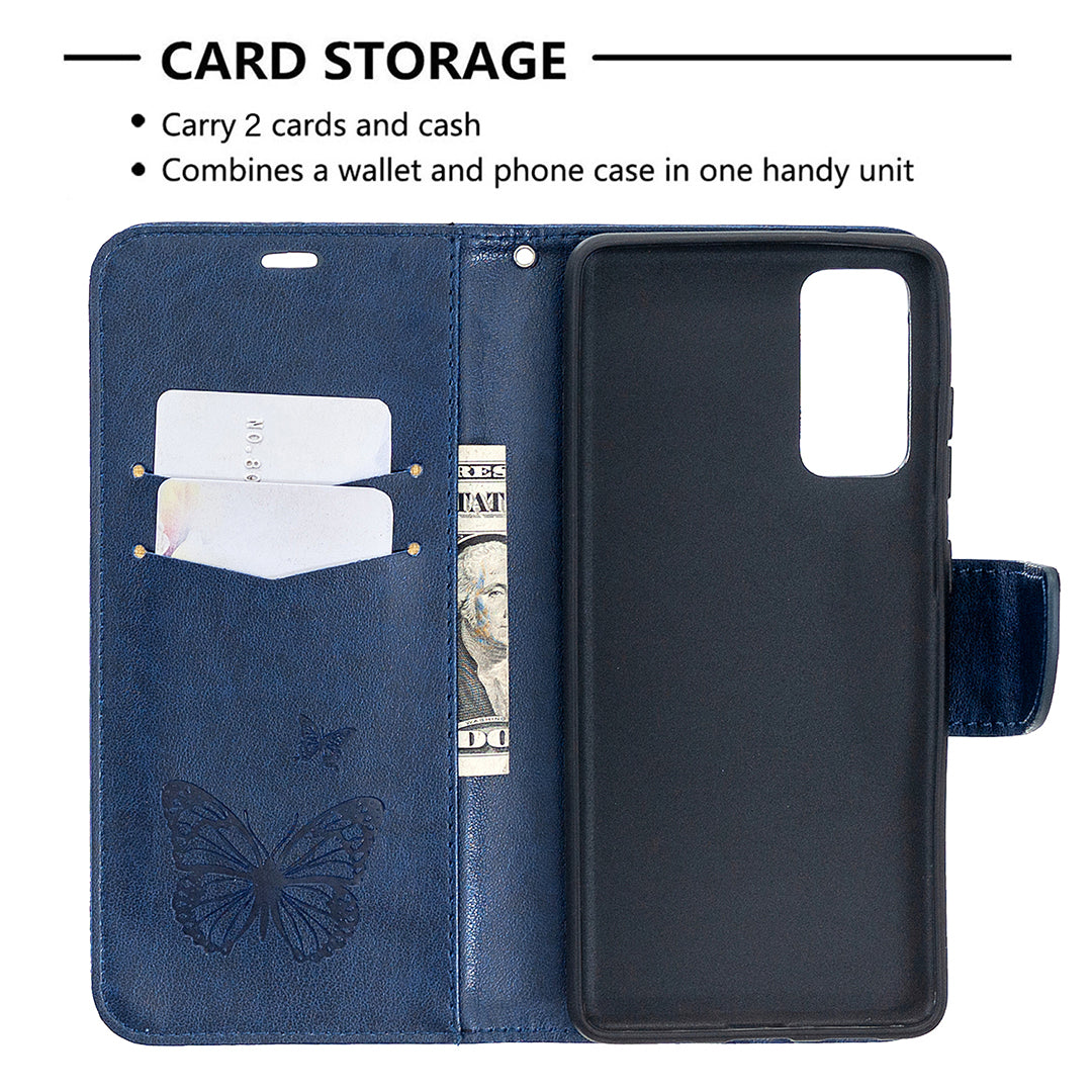 Imprint Butterflies with Wallet Leather Cover for Samsung Galaxy S20 FE 4G/FE 5G/S20 Lite/S20 FE 2022 - Blue