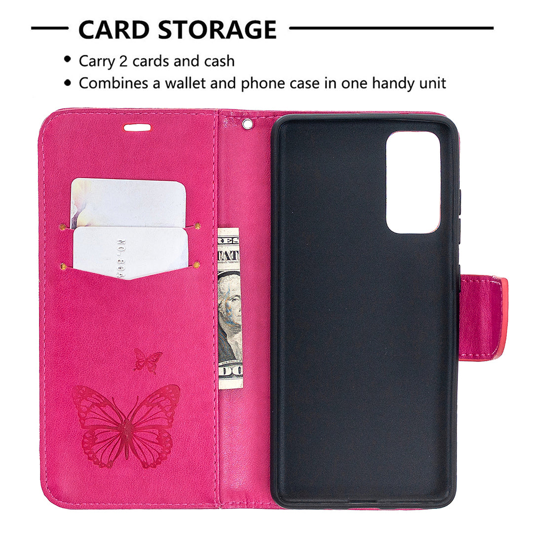 Imprint Butterflies with Wallet Leather Cover for Samsung Galaxy S20 FE 4G/FE 5G/S20 Lite/S20 FE 2022 - Rose