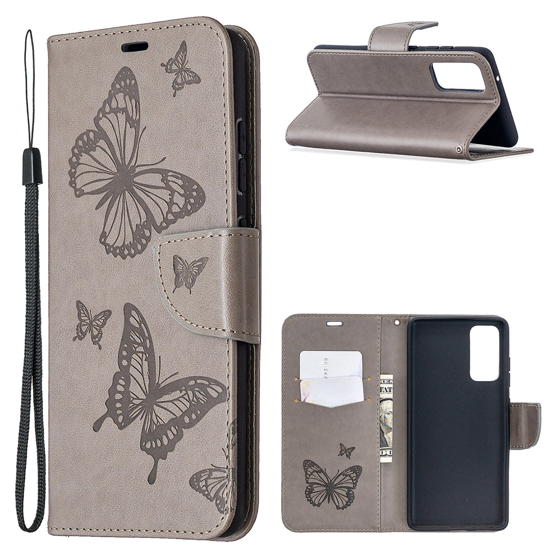Imprint Butterflies with Wallet Leather Cover for Samsung Galaxy S20 FE 4G/FE 5G/S20 Lite/S20 FE 2022 - Grey