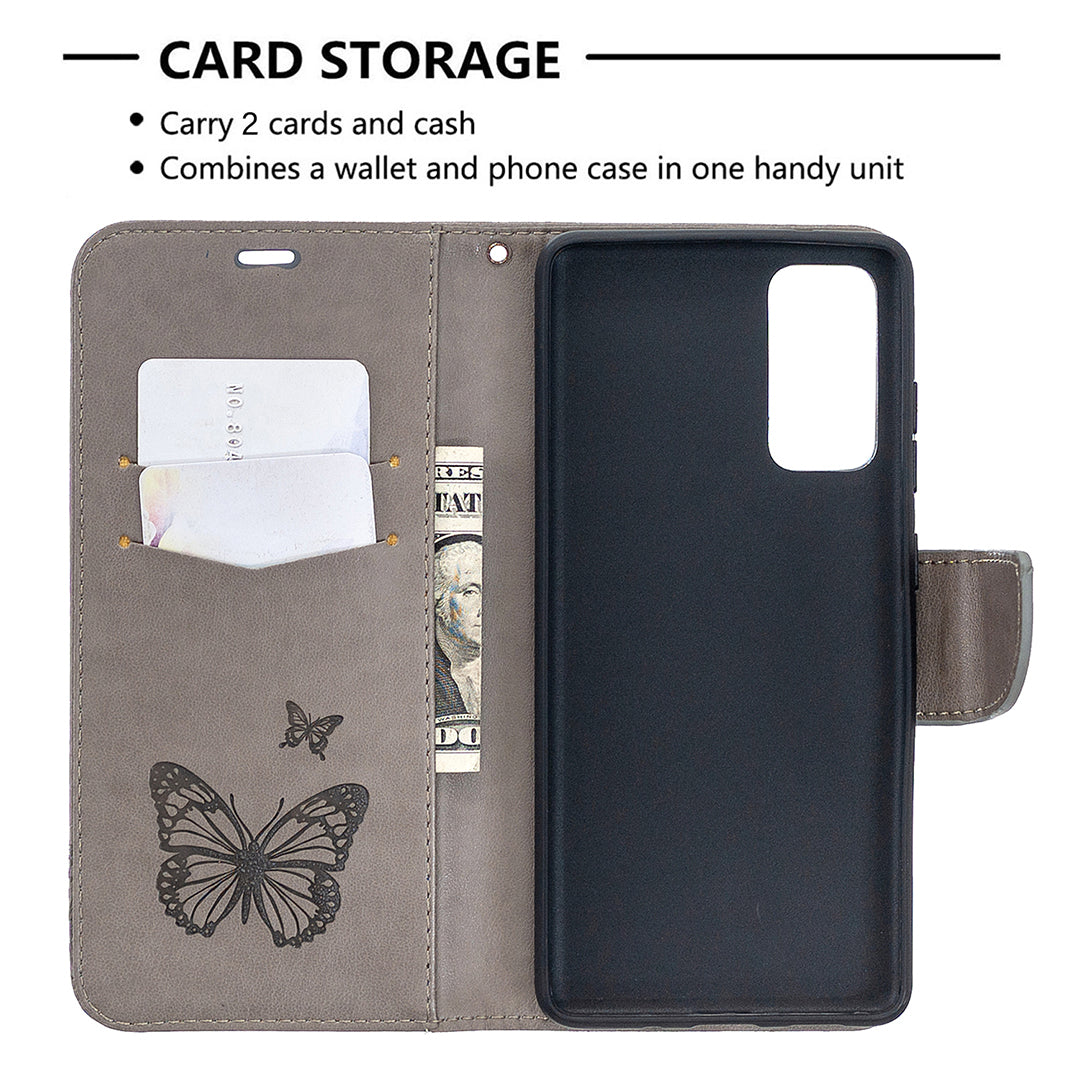 Imprint Butterflies with Wallet Leather Cover for Samsung Galaxy S20 FE 4G/FE 5G/S20 Lite/S20 FE 2022 - Grey