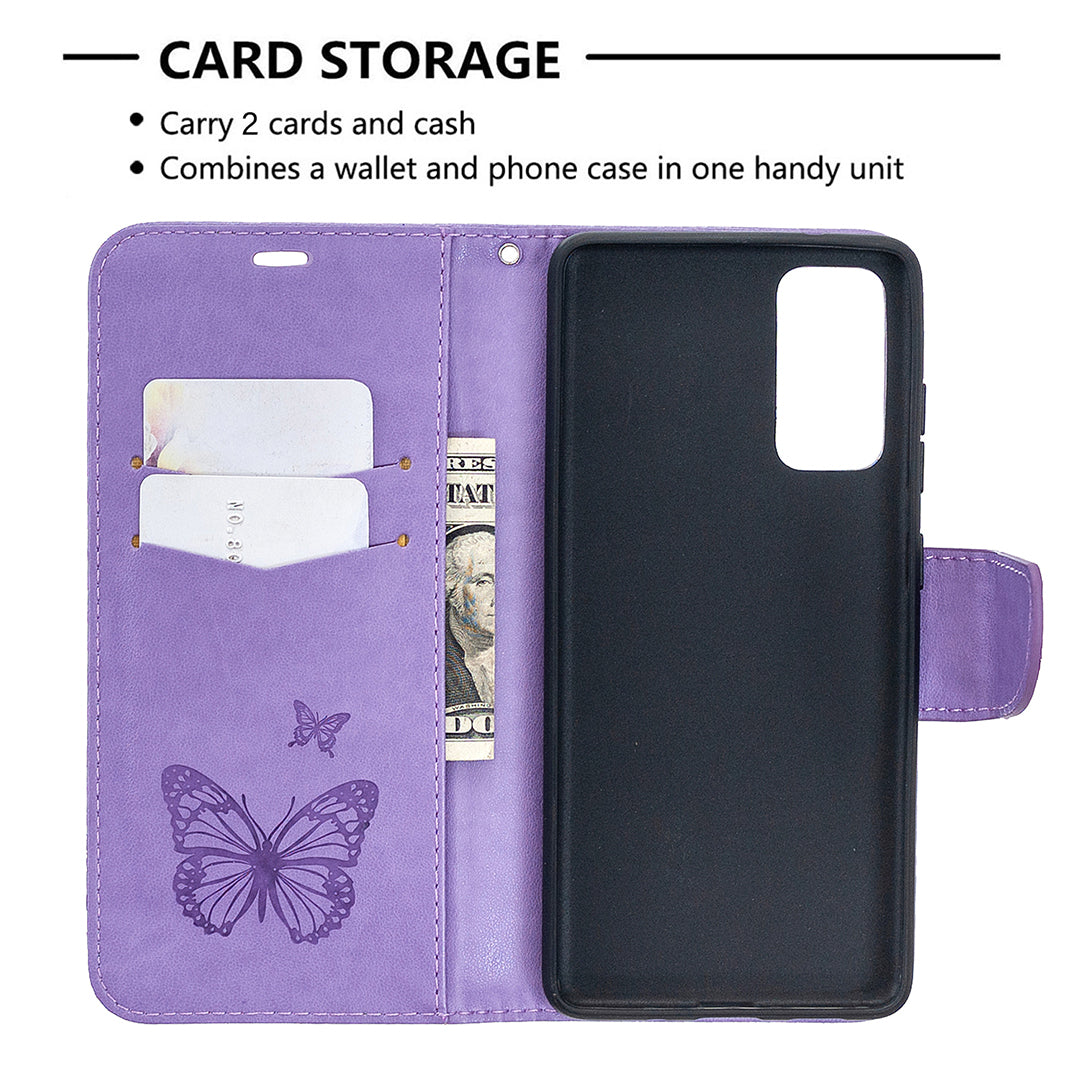 Imprint Butterflies with Wallet Leather Cover for Samsung Galaxy S20 FE 4G/FE 5G/S20 Lite/S20 FE 2022 - Purple