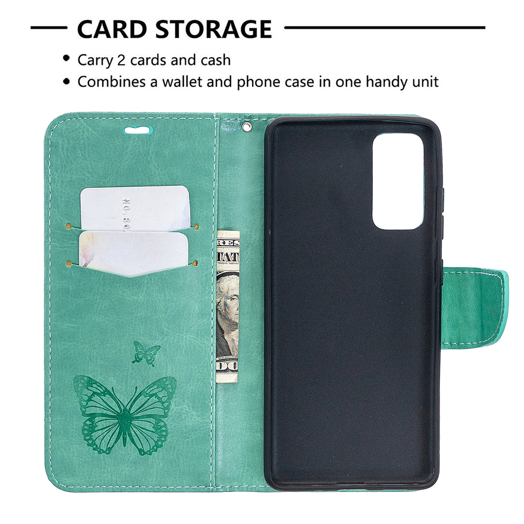 Imprint Butterflies with Wallet Leather Cover for Samsung Galaxy S20 FE 4G/FE 5G/S20 Lite/S20 FE 2022 - Green