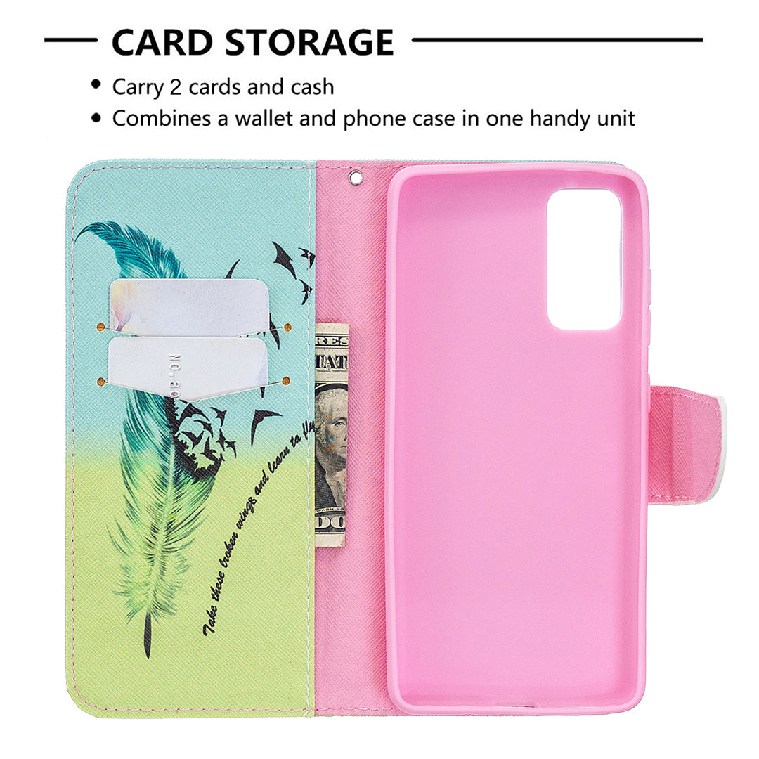 Pattern Printing Leather Wallet Protective Shell for Samsung Galaxy S20 FE 4G/FE 5G/S20 Lite/S20 FE 2022 - Feather