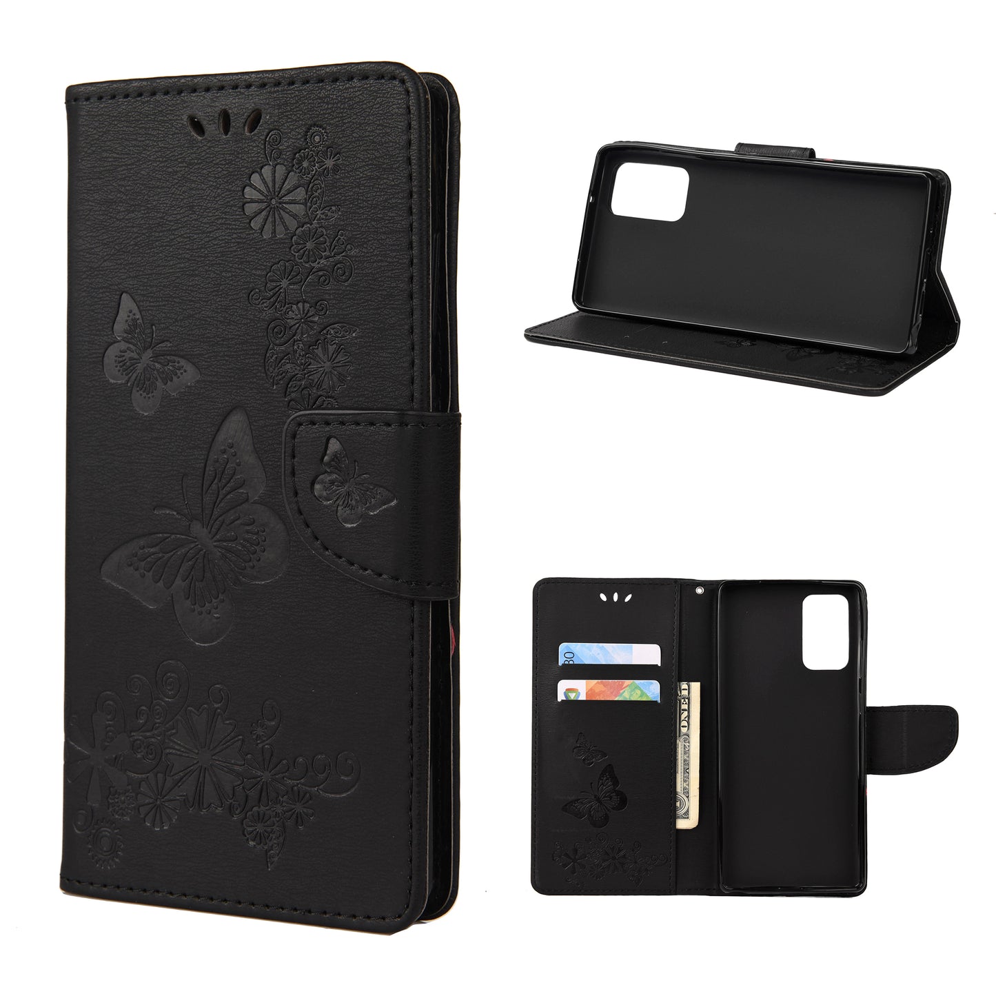 Imprint Butterflies Flower Wallet Stand Leather Case for Samsung Galaxy S20 FE 4G/FE 5G/S20 Lite/S20 FE 2022 - Black