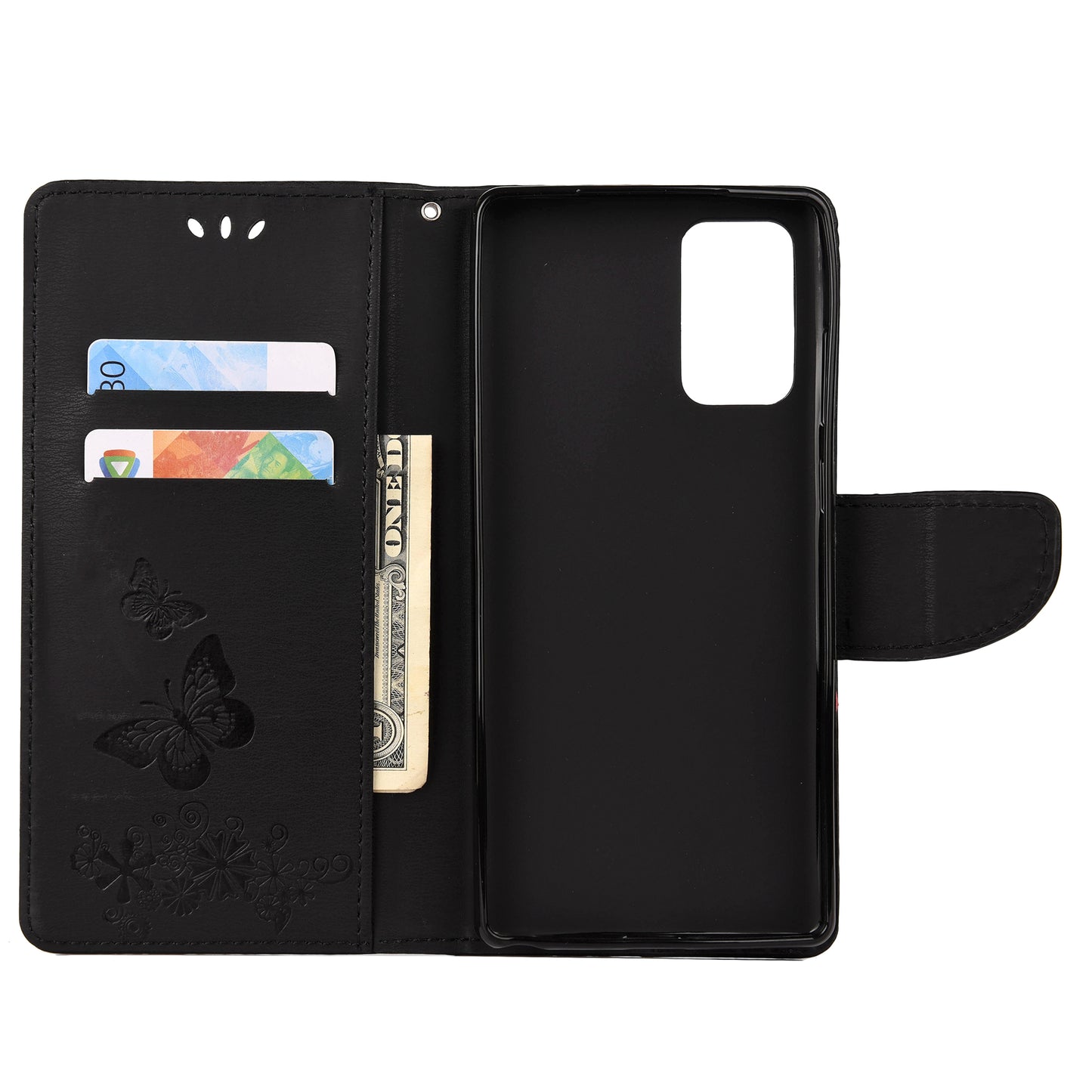 Imprint Butterflies Flower Wallet Stand Leather Case for Samsung Galaxy S20 FE 4G/FE 5G/S20 Lite/S20 FE 2022 - Black