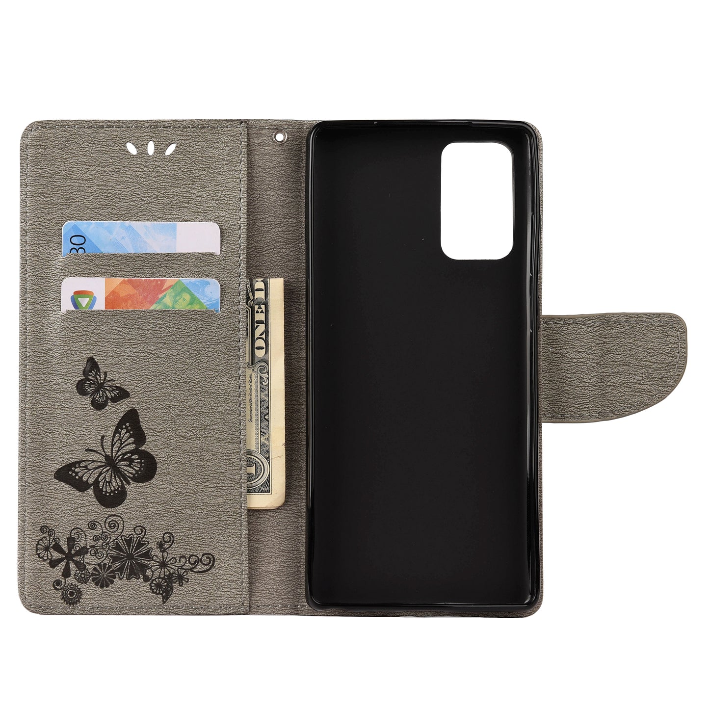 Imprint Butterflies Flower Wallet Stand Leather Case for Samsung Galaxy S20 FE 4G/FE 5G/S20 Lite/S20 FE 2022 - Grey