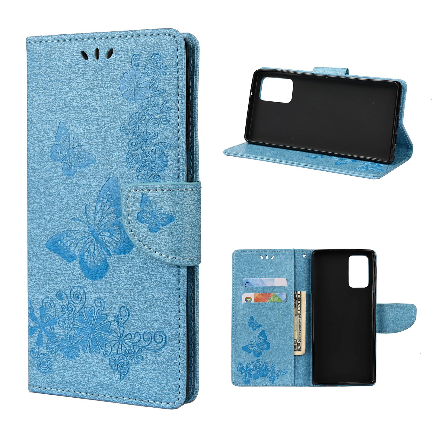 Imprint Butterflies Flower Wallet Stand Leather Case for Samsung Galaxy S20 FE 4G/FE 5G/S20 Lite/S20 FE 2022 - Blue
