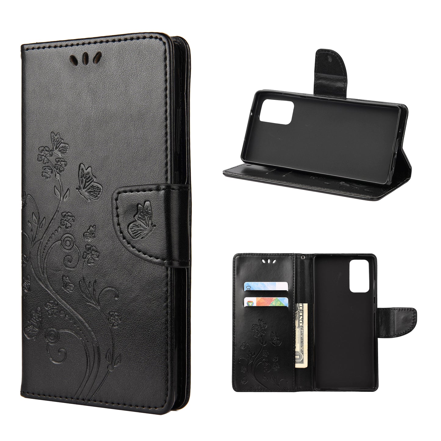 Imprint Butterflies Wallet Stand Flip Leather Phone Cover for Samsung Galaxy S20 FE 4G/FE 5G/S20 Lite/S20 FE 2022 - Black