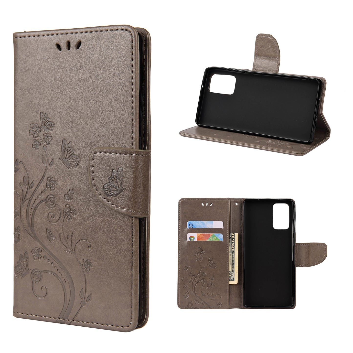 Imprint Butterflies Wallet Stand Flip Leather Phone Cover for Samsung Galaxy S20 FE 4G/FE 5G/S20 Lite/S20 FE 2022 - Grey