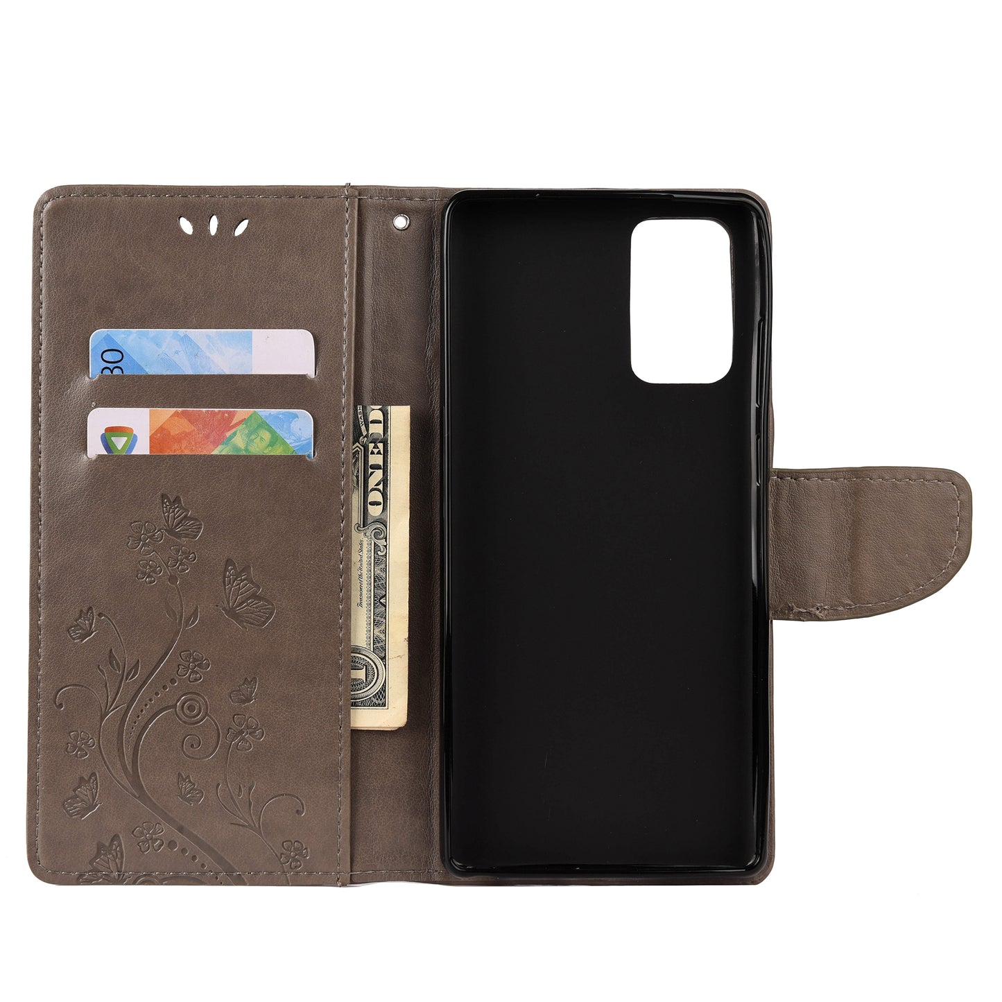 Imprint Butterflies Wallet Stand Flip Leather Phone Cover for Samsung Galaxy S20 FE 4G/FE 5G/S20 Lite/S20 FE 2022 - Grey
