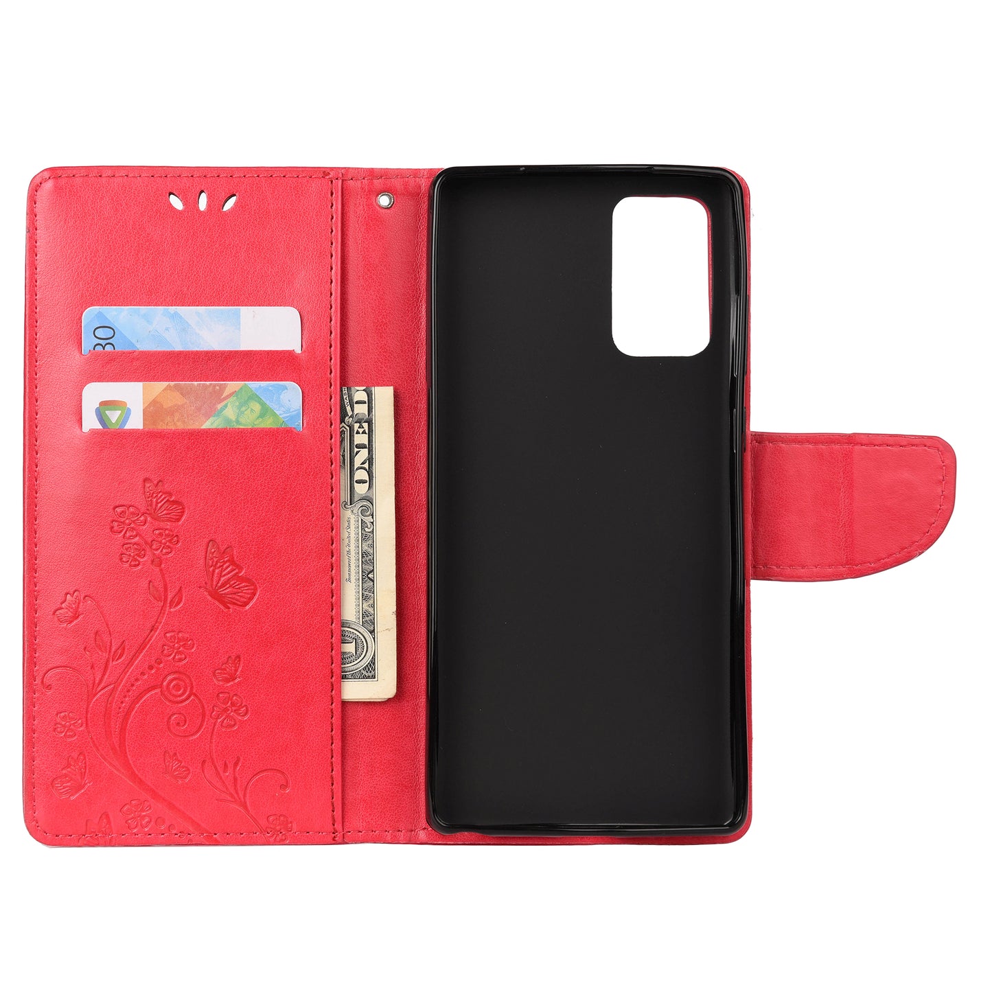Imprint Butterflies Wallet Stand Flip Leather Phone Cover for Samsung Galaxy S20 FE 4G/FE 5G/S20 Lite/S20 FE 2022 - Red