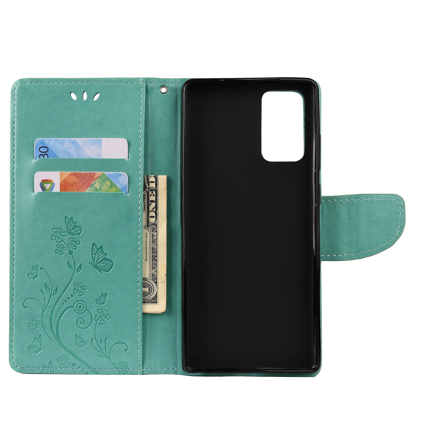Imprint Butterflies Wallet Stand Flip Leather Phone Cover for Samsung Galaxy S20 FE 4G/FE 5G/S20 Lite/S20 FE 2022 - Green