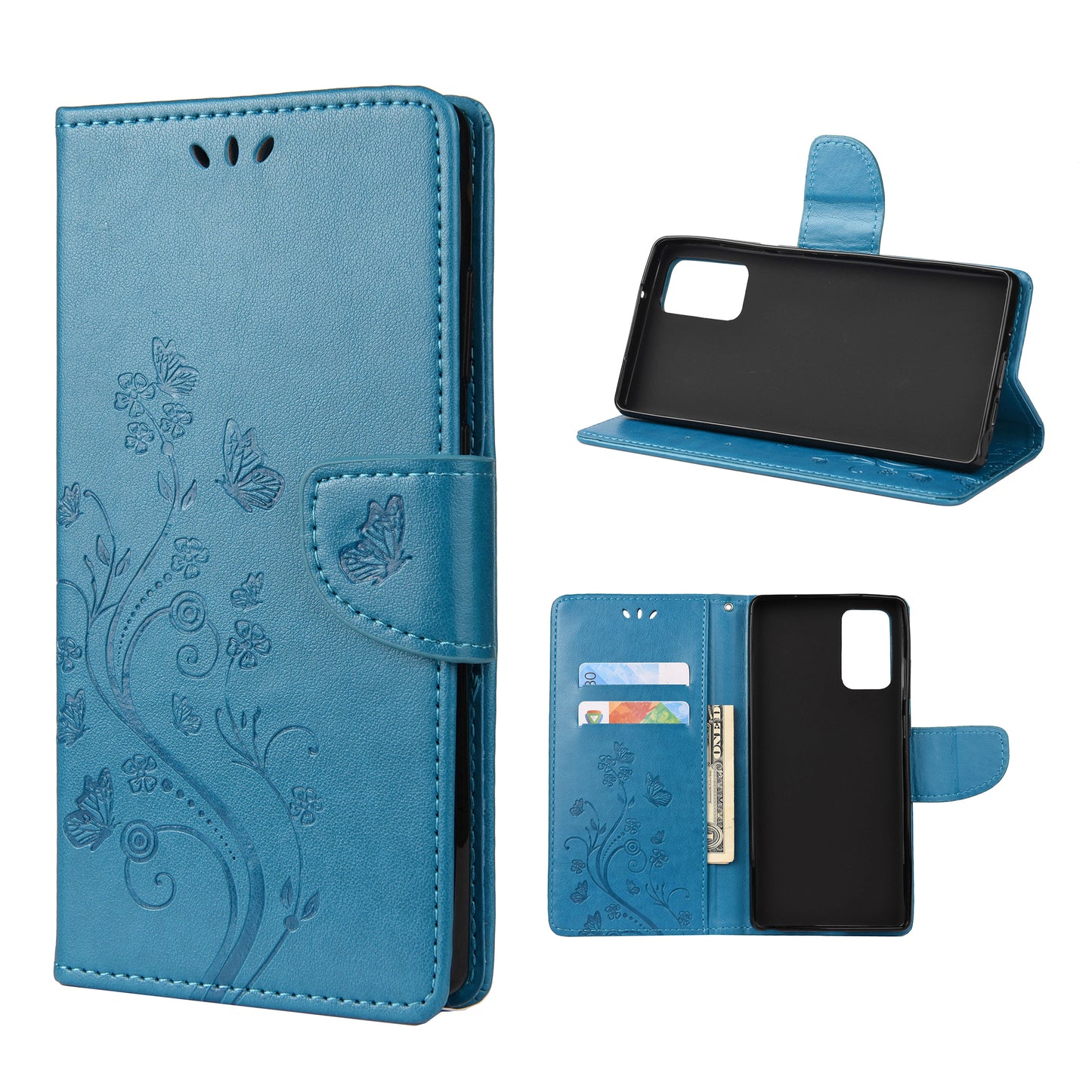 Imprint Butterflies Wallet Stand Flip Leather Phone Cover for Samsung Galaxy S20 FE 4G/FE 5G/S20 Lite/S20 FE 2022 - Blue