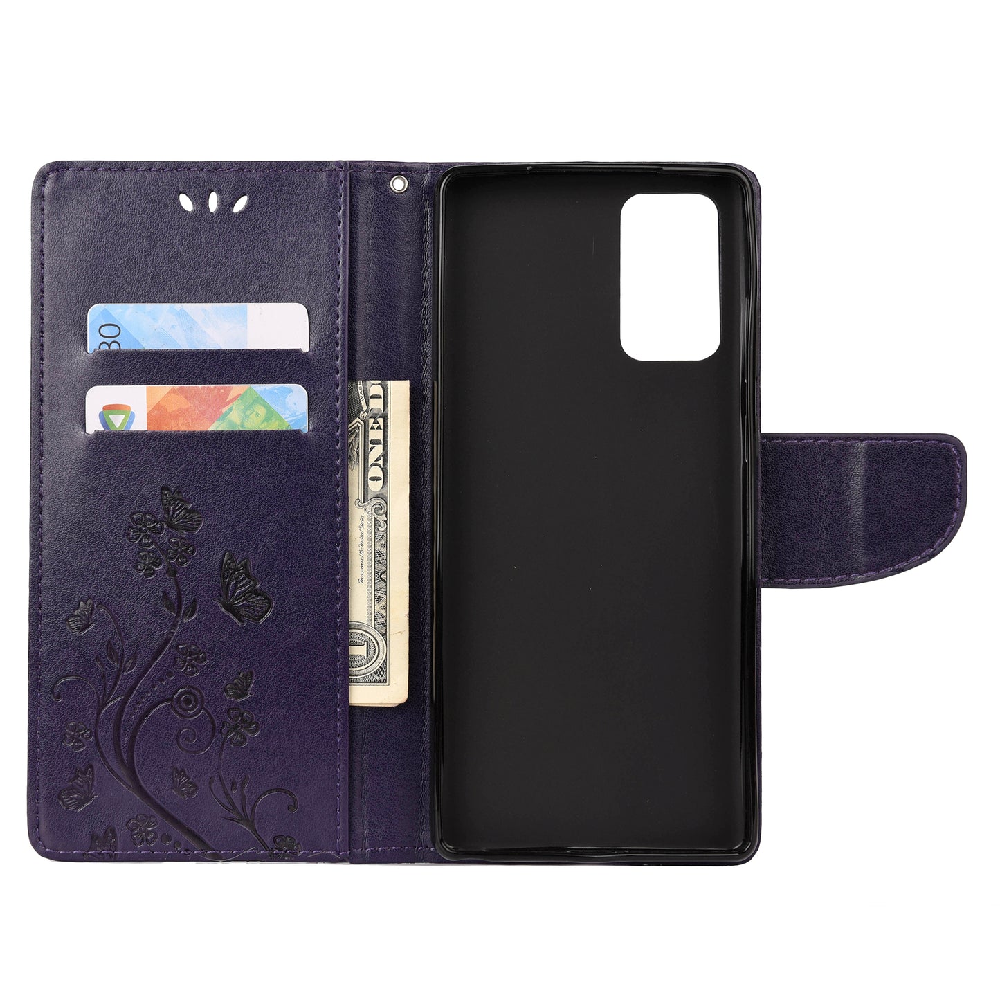 Imprint Butterflies Wallet Stand Flip Leather Phone Cover for Samsung Galaxy S20 FE 4G/FE 5G/S20 Lite/S20 FE 2022 - Dark Purple