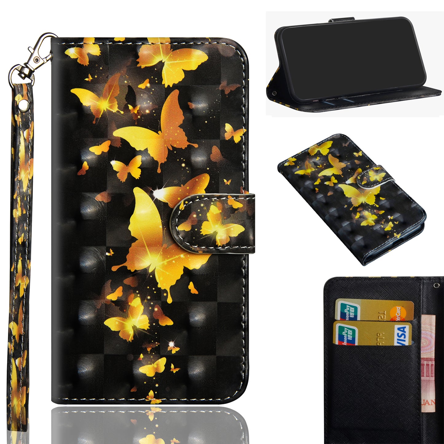 Light Spot Decor Pattern Printing Wallet Stand Leather Shell with Strap for Samsung Galaxy S20 FE 4G/FE 5G/S20 Lite/S20 FE 2022 - Gold Butterfly