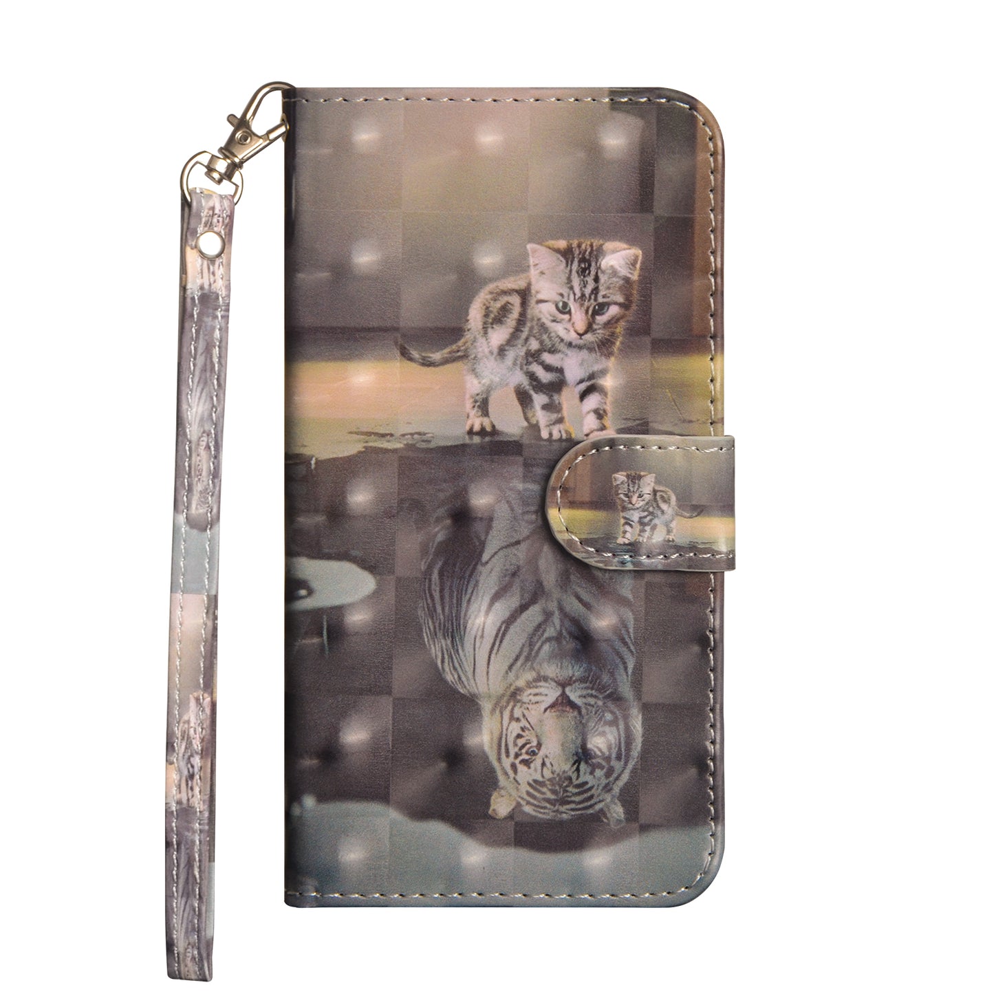 Light Spot Decor Pattern Printing Wallet Stand Leather Shell with Strap for Samsung Galaxy S20 FE 4G/FE 5G/S20 Lite/S20 FE 2022 - Cat and Tiger Reflection