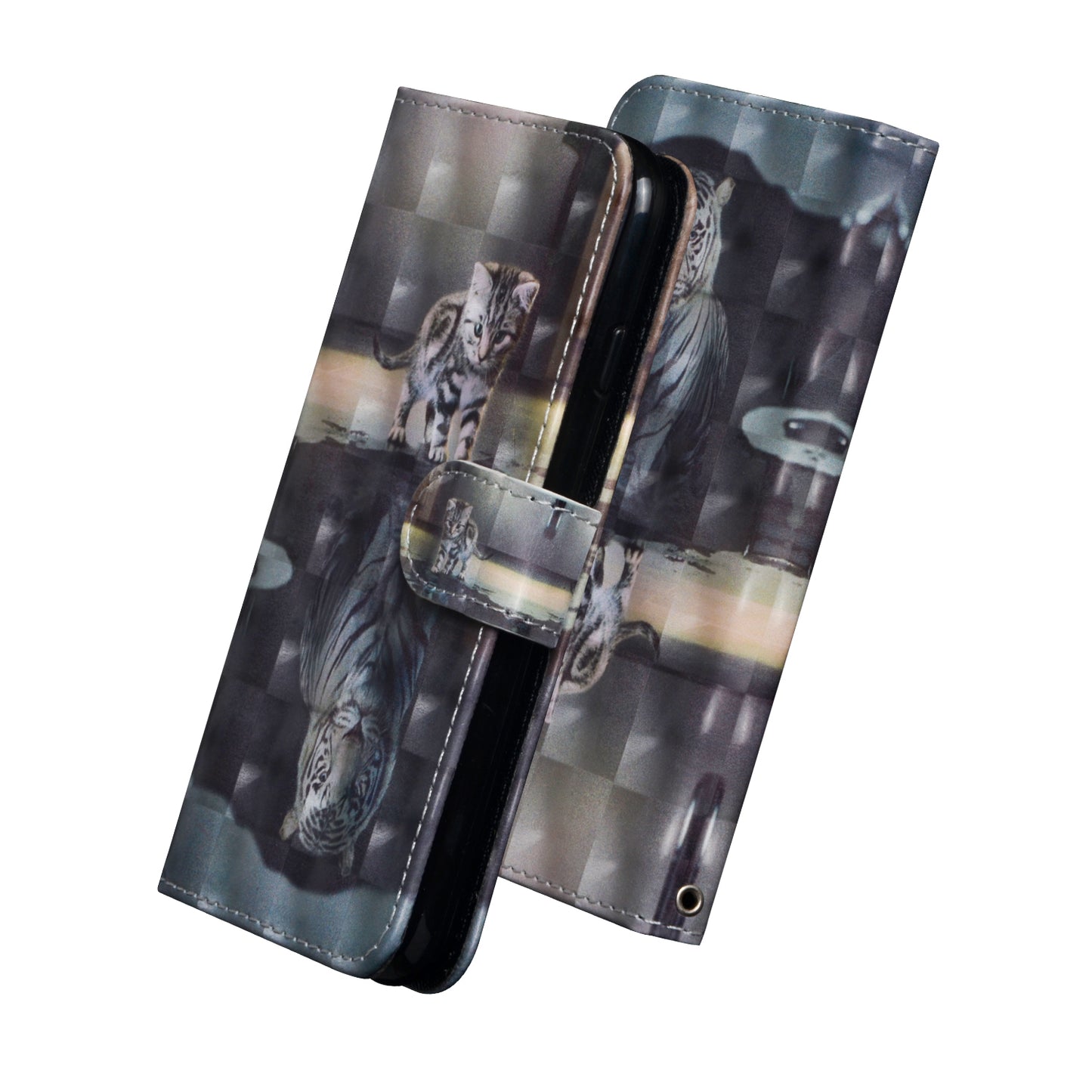 Light Spot Decor Pattern Printing Wallet Stand Leather Shell with Strap for Samsung Galaxy S20 FE 4G/FE 5G/S20 Lite/S20 FE 2022 - Cat and Tiger Reflection