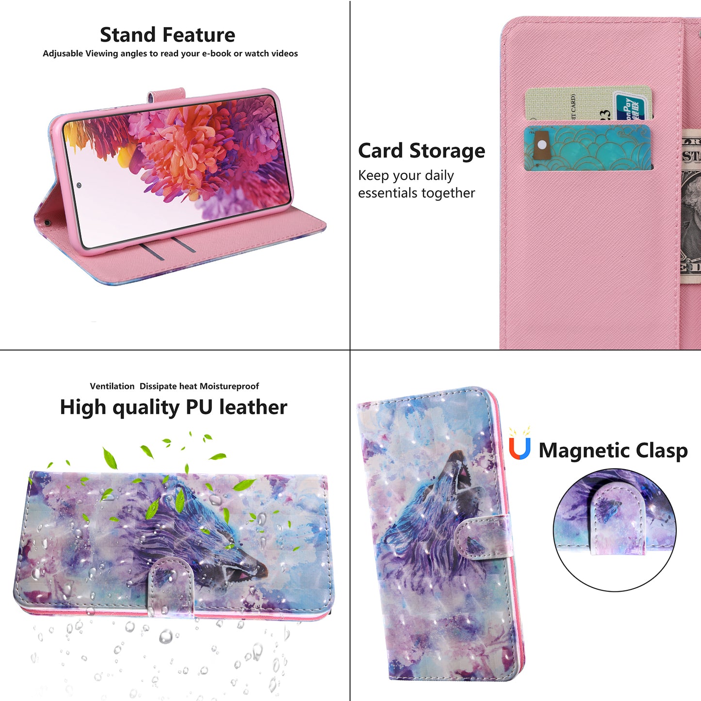 Light Spot Decor Pattern Printing Wallet Stand Leather Cover Case for Samsung Galaxy S20 FE 4G/FE 5G/S20 Lite/S20 FE 2022 - Purple/Wolf