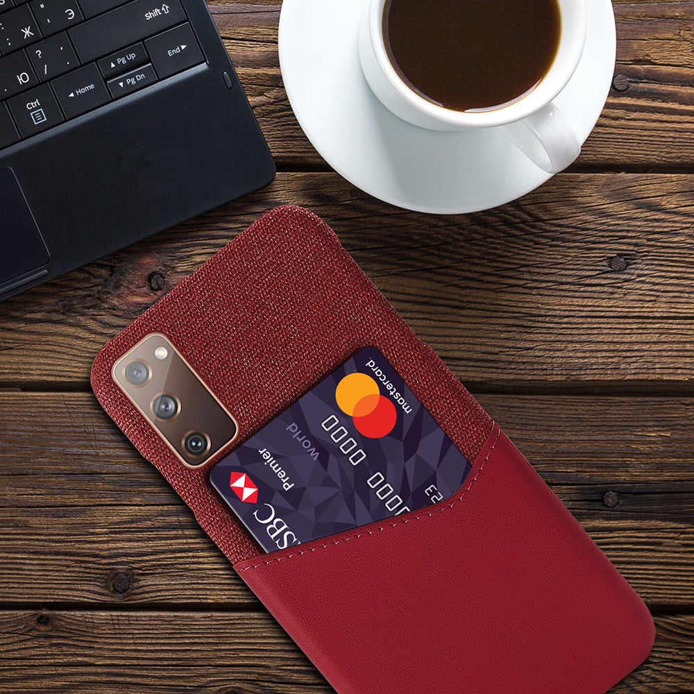 KSQ Card Holder Cloth + PU Leather Coated PC Back Cover for Samsung Galaxy S20 FE 4G/FE 5G/S20 Lite/S20 FE 2022 - Red