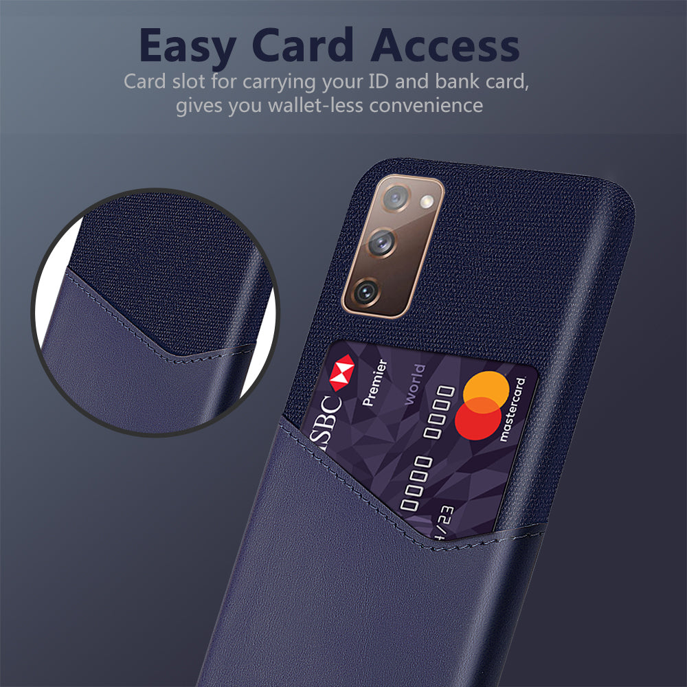 KSQ Card Holder Cloth + PU Leather Coated PC Back Cover for Samsung Galaxy S20 FE 4G/FE 5G/S20 Lite/S20 FE 2022 - Blue