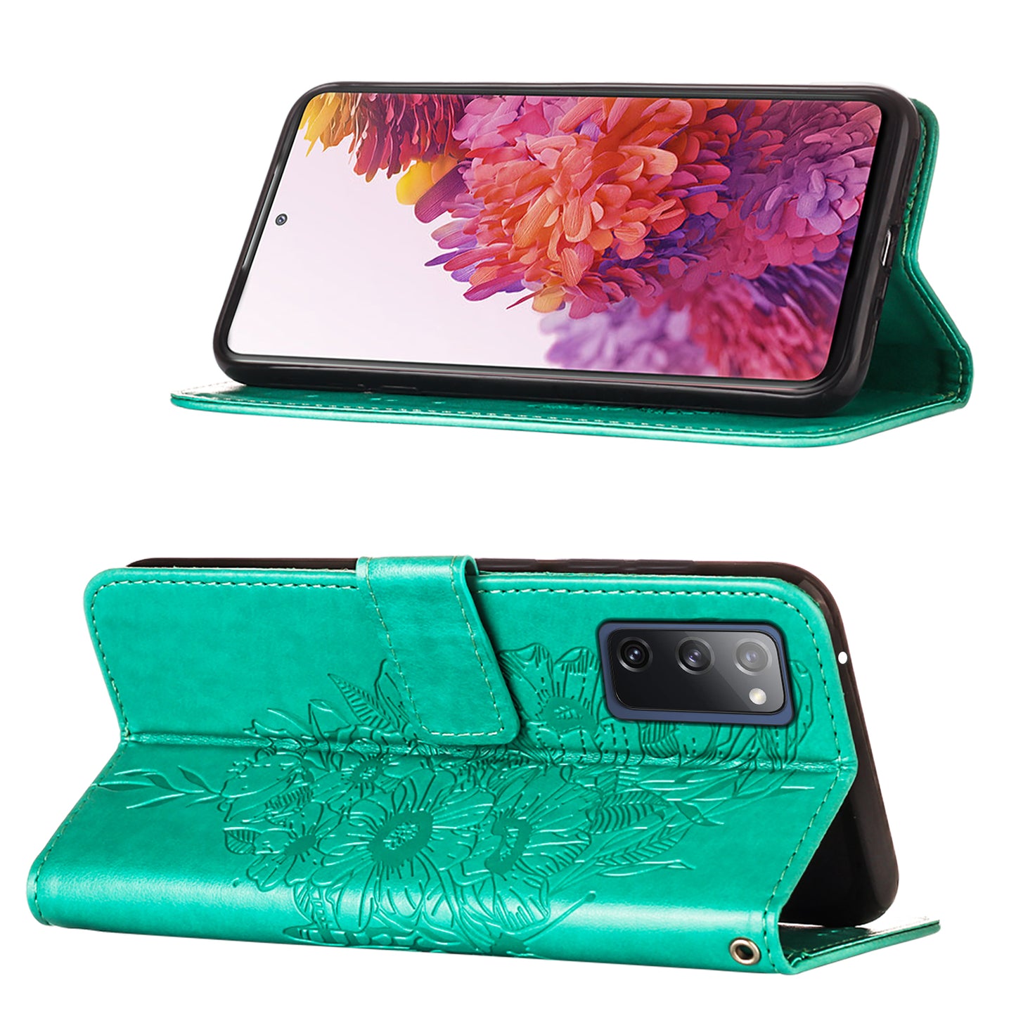 Imprint Butterflies Flower Wallet Stand Leather Case for Samsung Galaxy S20 FE 4G/FE 5G/S20 Lite/S20 FE 2022 - Green