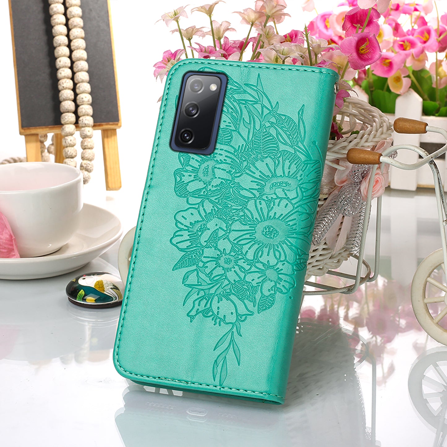 Imprint Butterflies Flower Wallet Stand Leather Case for Samsung Galaxy S20 FE 4G/FE 5G/S20 Lite/S20 FE 2022 - Green