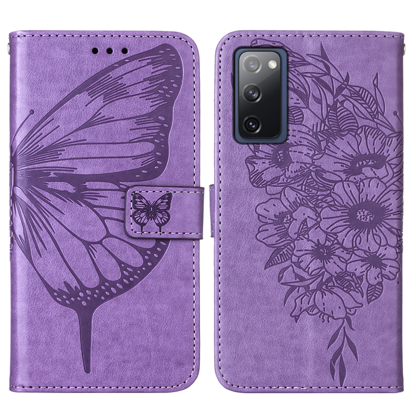 Imprint Butterflies Flower Wallet Stand Leather Case for Samsung Galaxy S20 FE 4G/FE 5G/S20 Lite/S20 FE 2022 - Light Purple