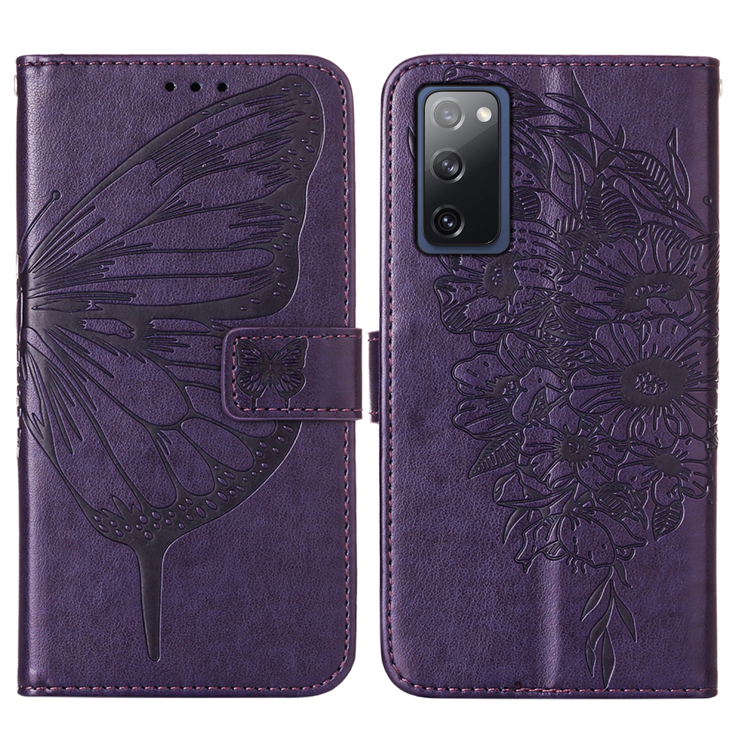 Imprint Butterflies Flower Wallet Stand Leather Case for Samsung Galaxy S20 FE 4G/FE 5G/S20 Lite/S20 FE 2022 - Dark Purple